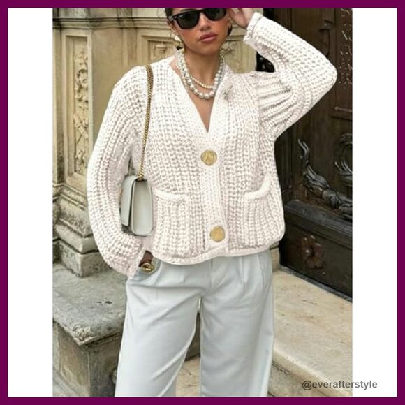 Chunky Knit Cropped Cardigan Button Down Open Front Sweater Y2K Chic - Picture 3 of 8